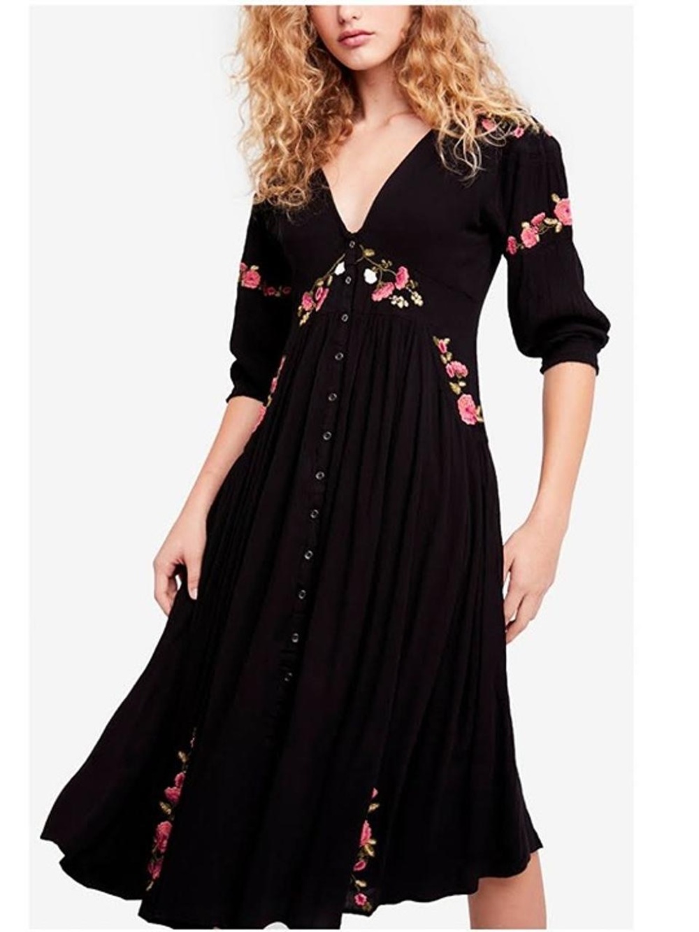 Free People Embroidered Floral Black Midi Dress Boho Festival Flowy Small